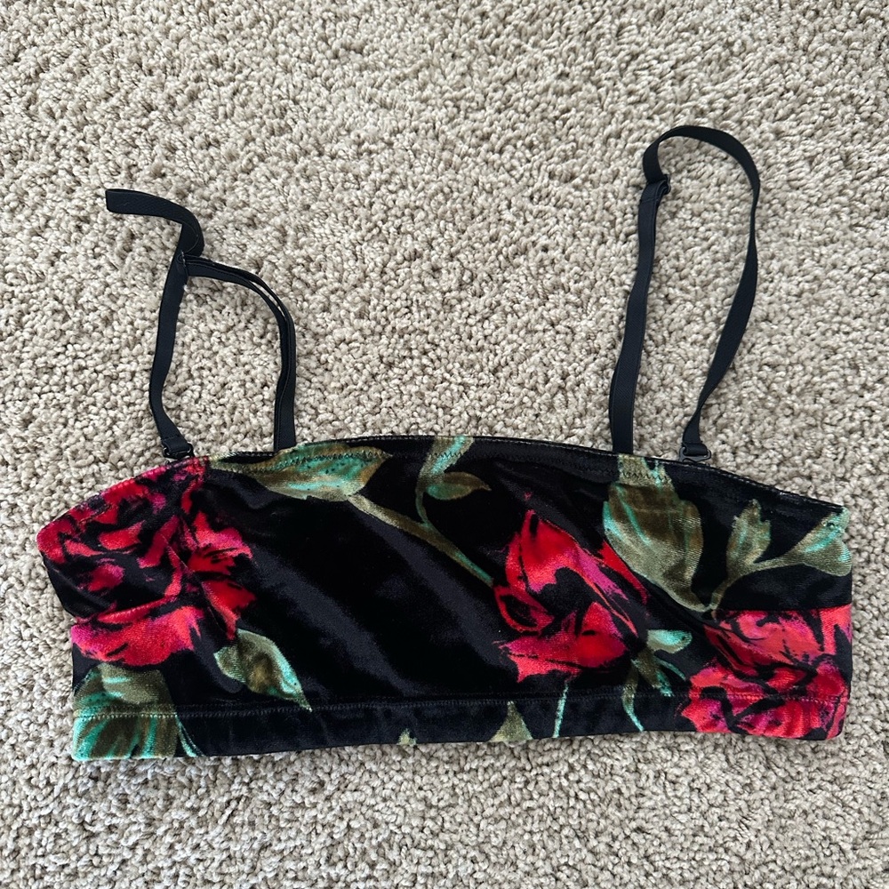 Floral Black and Red Velvet Bralette